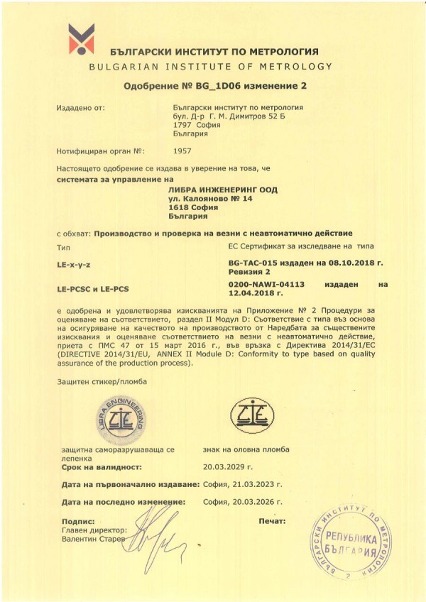 Одобрение № BG_1D06, изменение 2, Български институт по метрология
